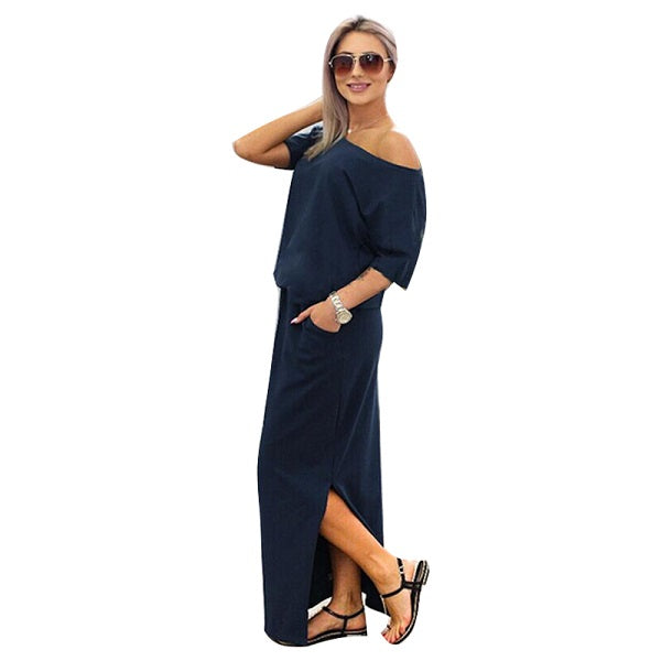 ELSVIOS 2017 Women Sexy Long Maxi Summer Dress Side Split Loose Dress Short Sleeve Evening Party Dress with Pocket Vestidos