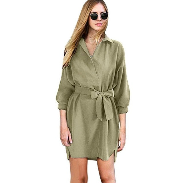 Women Elegant Winter Autumn dress full Sleeve Turn-down Collar Fashion Business Mini Sexy Dress With Belt #LSIW