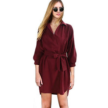 Women Elegant Winter Autumn dress full Sleeve Turn-down Collar Fashion Business Mini Sexy Dress With Belt #LSIW