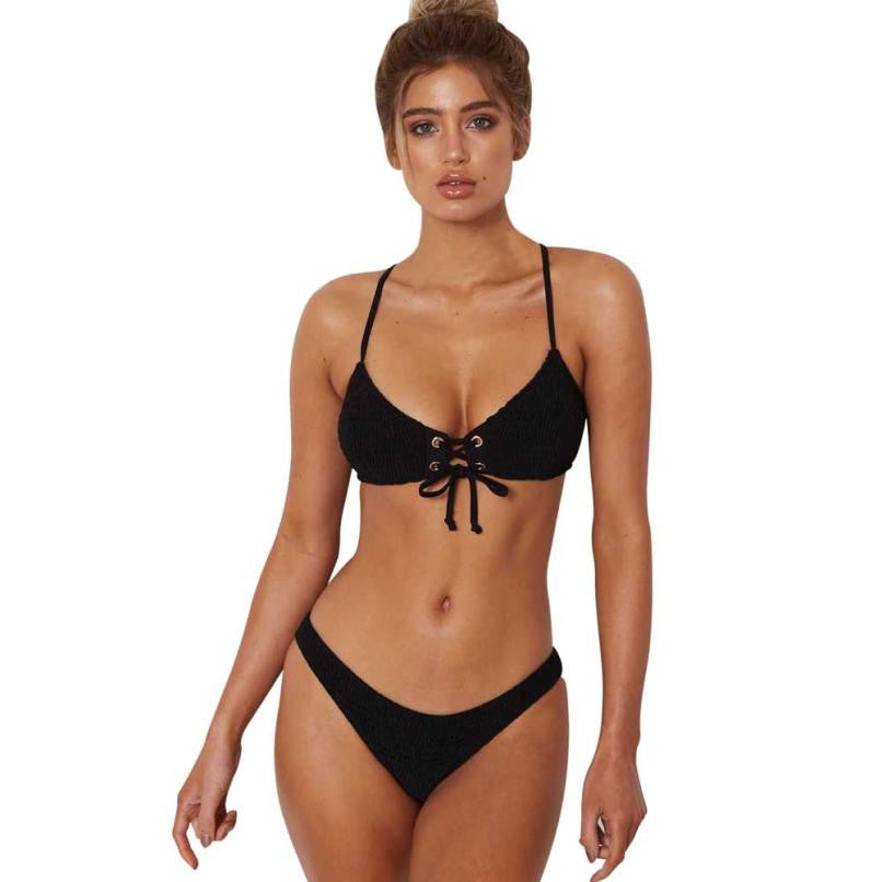2017 New Sexy Bikini Push Up Swimwear Women Swimsuit Solid Bikini Set Beach Wear Black and White Bathing Suits Swim Wear