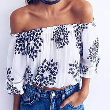 Autumn Summer Women Blouse Three Quarter Butterfly Sleeve Print Off Should Strapless Casual Tops White Blouse Blusas