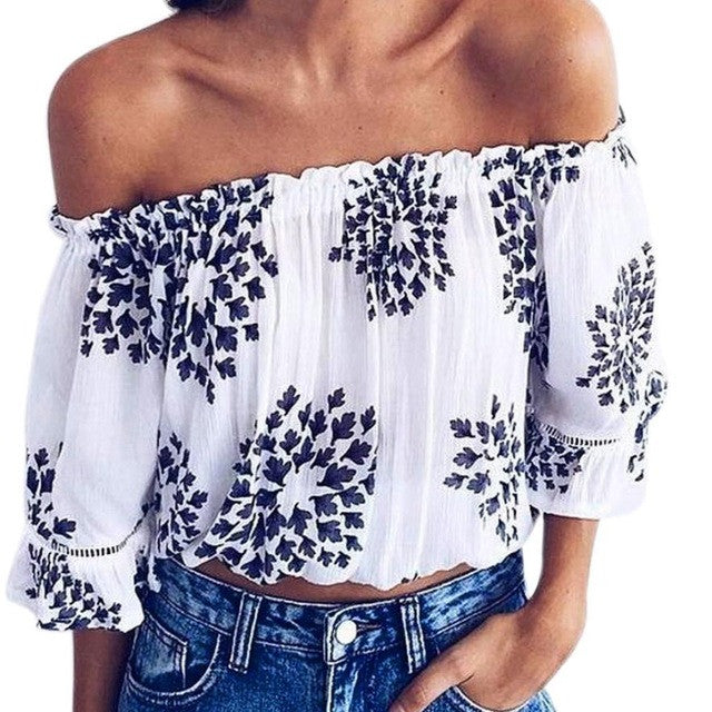 Autumn Summer Women Blouse Three Quarter Butterfly Sleeve Print Off Should Strapless Casual Tops White Blouse Blusas