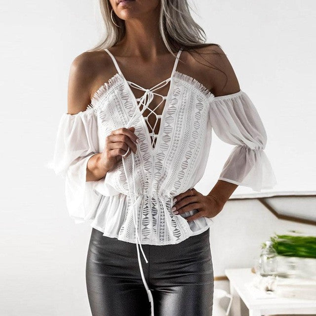 Chiffon Camis Blouse Women Short Sleeve Off Shoulder Hollow Out Lace Blouse For Elegant Casual Tops White Shirt