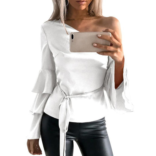 Sexy One Cold Shoulder Butterfly Sleeve Blouse 2017 Autumn Fashion Women Off Shoulder Long Sleeve Shirt Loose Tops Blusas