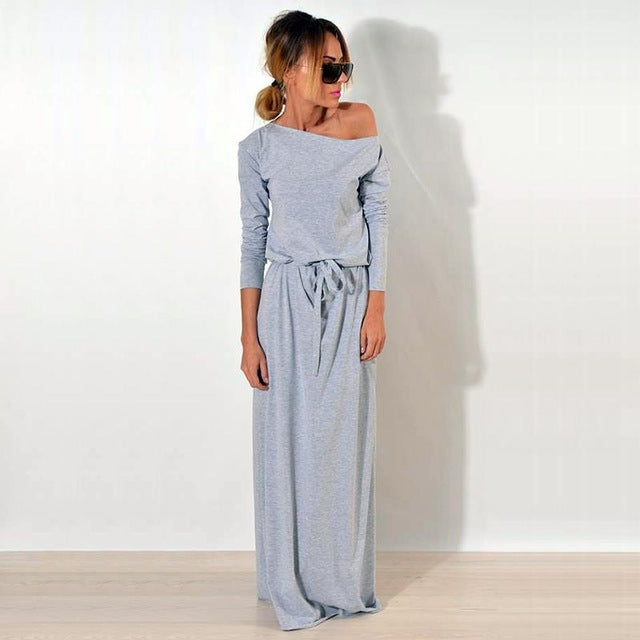 Women Maxi Party Dress One Shoulder Long Sleeve Causal Robe Long Loose Dresses Femme Vestidos WS3744C