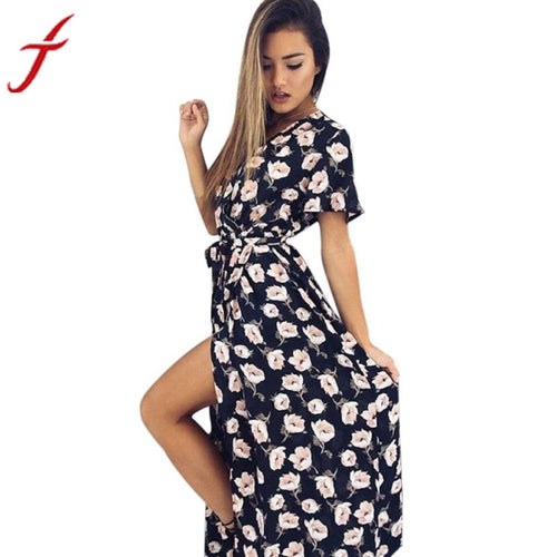Floral print summer dress 2017 Deep V long dress Women backless maxi dresses vestidos Sexy Black split beach vestidos