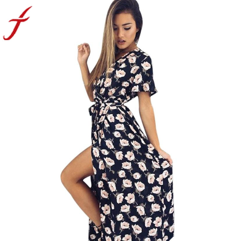 Floral print summer dress 2017 Deep V long dress Women backless maxi dresses vestidos Sexy Black split beach vestidos