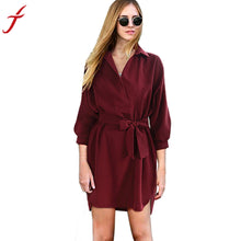 Women Elegant Winter Autumn dress full Sleeve Turn-down Collar Fashion Business Mini Sexy Dress With Belt #LSIW