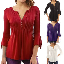 Women Autumn Flare 3/4 Sleeve Slim V Neck Buttons Blouse Tops Shirt Tee