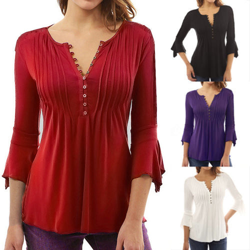 Women Autumn Flare 3/4 Sleeve Slim V Neck Buttons Blouse Tops Shirt Tee