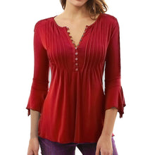 Women Autumn Flare 3/4 Sleeve Slim V Neck Buttons Blouse Tops Shirt Tee