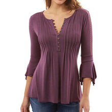 Women Autumn Flare 3/4 Sleeve Slim V Neck Buttons Blouse Tops Shirt Tee