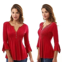 Women Autumn Flare 3/4 Sleeve Slim V Neck Buttons Blouse Tops Shirt Tee