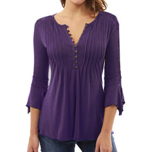 Women Autumn Flare 3/4 Sleeve Slim V Neck Buttons Blouse Tops Shirt Tee