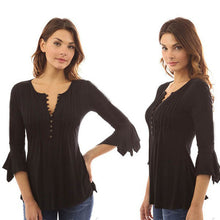 Women Autumn Flare 3/4 Sleeve Slim V Neck Buttons Blouse Tops Shirt Tee