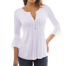 Women Autumn Flare 3/4 Sleeve Slim V Neck Buttons Blouse Tops Shirt Tee