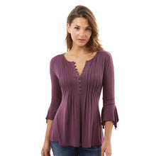 Women Autumn Flare 3/4 Sleeve Slim V Neck Buttons Blouse Tops Shirt Tee