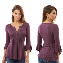 Women Autumn Flare 3/4 Sleeve Slim V Neck Buttons Blouse Tops Shirt Tee