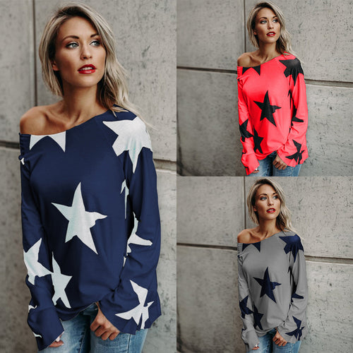 Women Girl Strapless Star Sweatshirt Long Sleeve Crop Jumper Pullover Tops