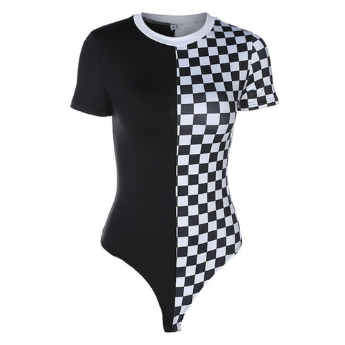 Women Sexy Skinny Checkboard Patchwork Bodysuit Short Sleeve Slim Plaid Summer Feminino Rompers Combishort Jumpsuit