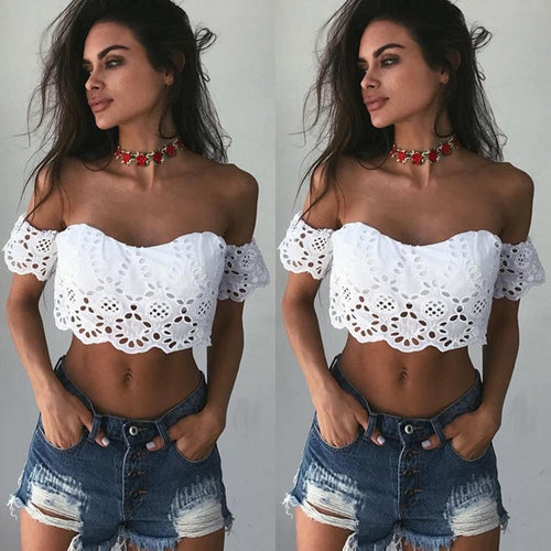 Women Fashion Summer Lace Crop Tops Off Shoulder Blouse Shirts T shirt