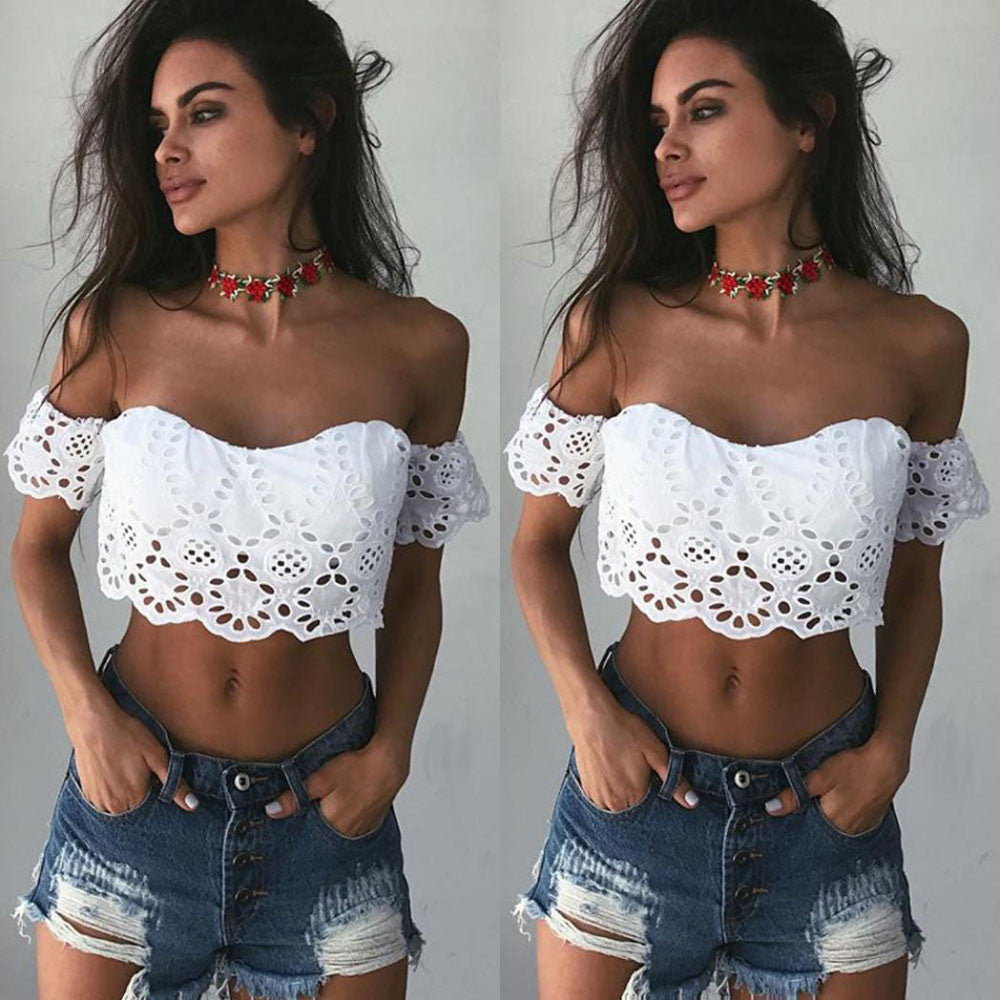 Women Fashion Summer Lace Crop Tops Off Shoulder Blouse Shirts T shirt