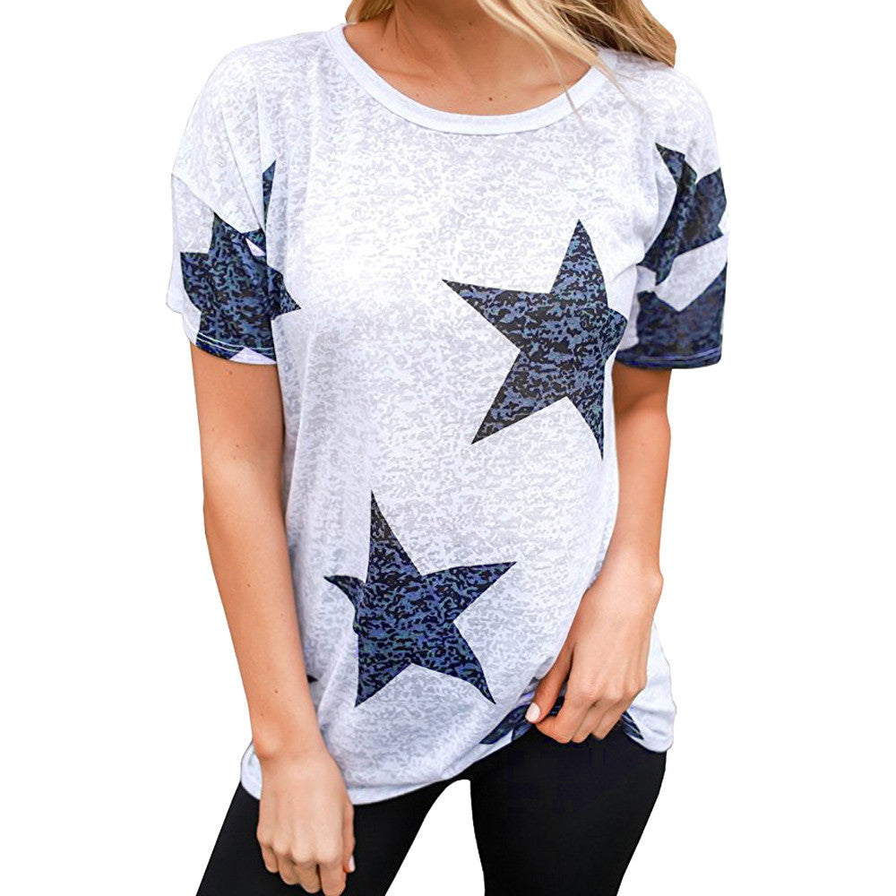 Women Ladies Star T-Shirt Short Sleeve Round Neck Casual Tops Blouse Tee