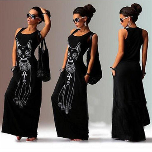 Cat Print Long Maxi Dress Women 2017 Summer Boho Beach Bodycon Dress Elegant Evening Party Dresses Tunic Vestidos S-XL
