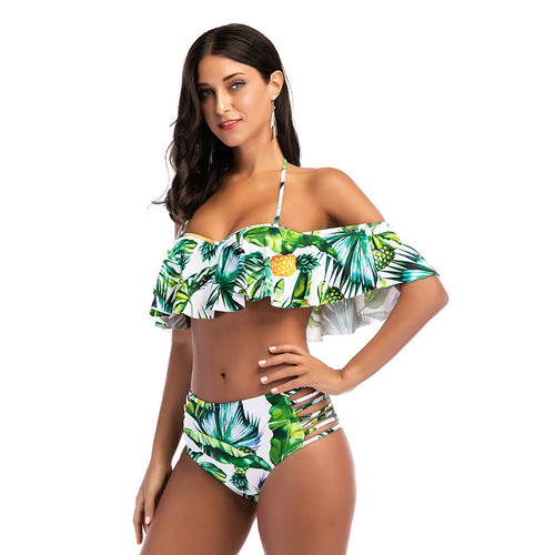 Sexy Women Pineapple Print Ruffle Swimsuit Cutout Bikini Set Push Up Swimwear Bathing Suit Green