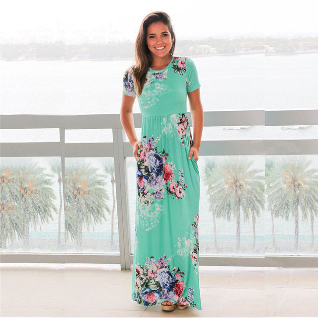 ELSVIOS Women Bohemia Floral Print Summer Dress 2018 Casual Short Sleeve O Neck Beach Boho Long Dress Loose Maxi Dresses Vestido