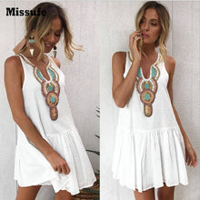 Missufe Casual V Neck Streetwear Back Button Boho Tunic Print Vintage Summer Dress Women Sexy Sleeveless Womens Beach Dresses